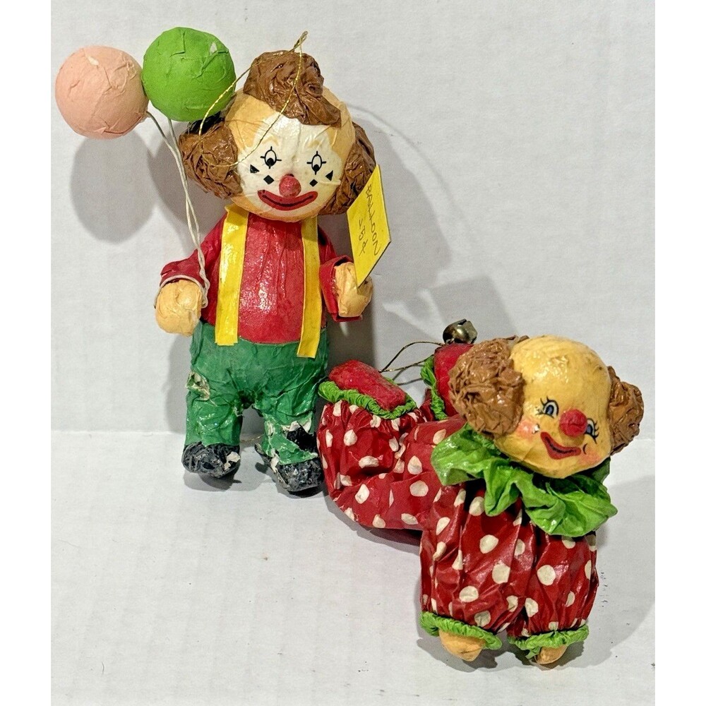 Vtg Circus Clowns Christmas Ornament 4.5” Folk Art Paper Mache Balloons *read